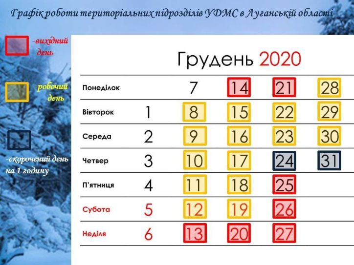 Графік роботи Міграційної служби Луганської області на грудень 2020 року -січень 2021 року