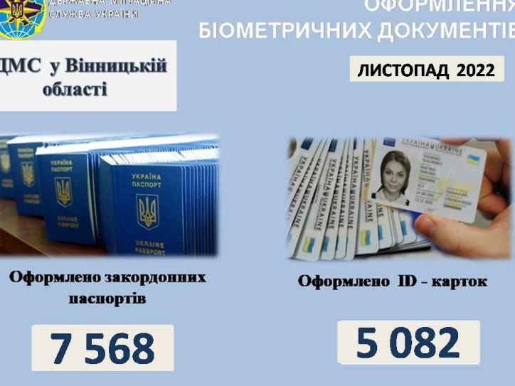 Інфографіка щодо кількості оформлених документів УДМС у Вінницькій області за листопад 2022 року