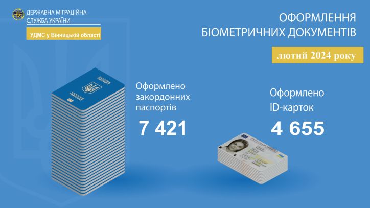 Інфографіка щодо кількості оформлених документів УДМС у Вінницькій області за лютий 2024 року