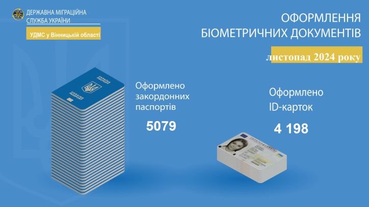 Інфографіка щодо кількості оформлених документів УДМС у Вінницькій області за листопад 2024 року